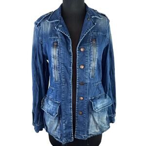 ZARA Basic Blue Denim Gray Leather Elbow Patch Jacket Shacket S Small